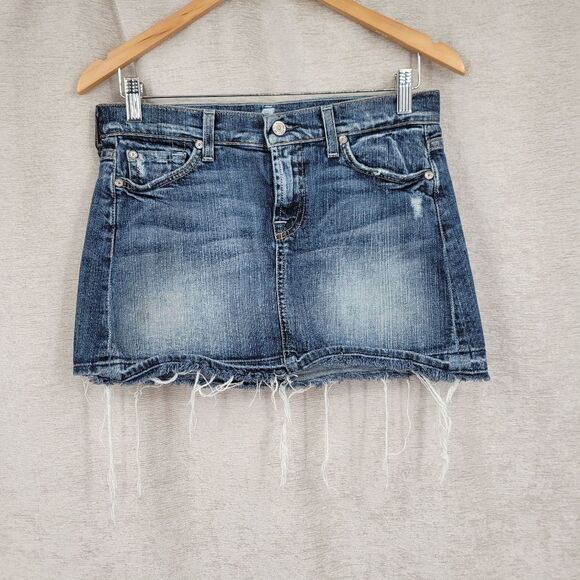 7FAM 7 For All Mankind Y2K Denim Blue Jean Mini Skirt Raw Distressed Hem - Picture 9 of 13
